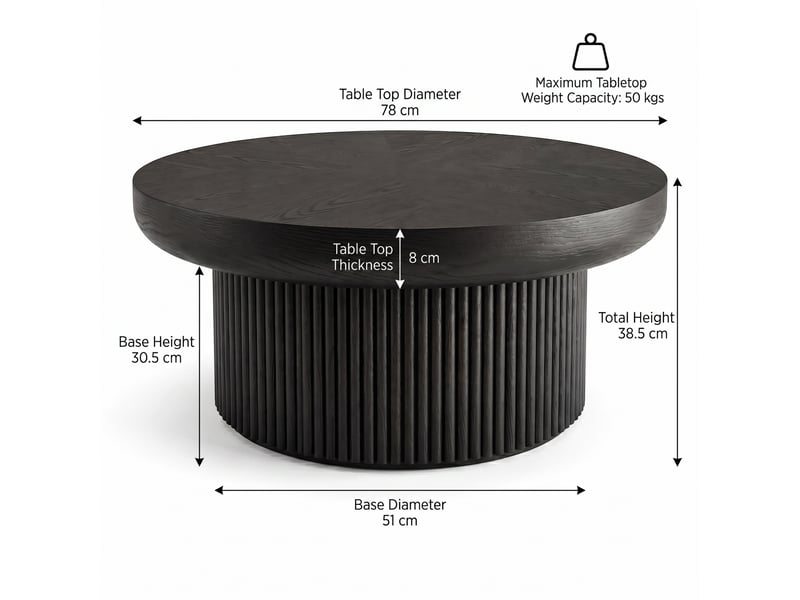  Table basse ronde 78 cm, style moderne, bois noir, plateau parquet, base cylindrique rainurée  - Conforama C