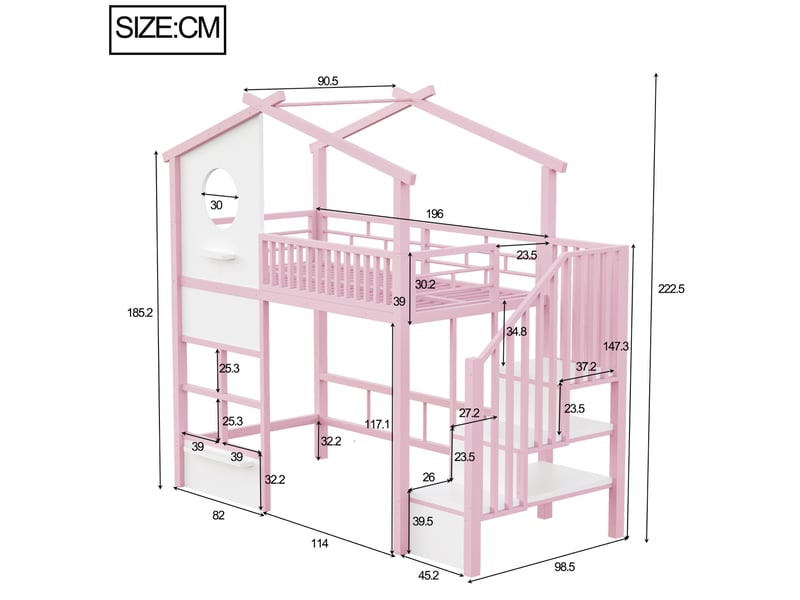  Lit mezzanine maison 90x200 cm avec éclairage led et escalier avec rangement, en métal, rose et blanc, sans matelas  - Conforama C