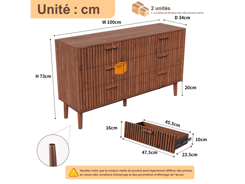  Commode 6 tiroirs en bois à panneaux à lames, commode basse de rangement - style scandinave et luxe, meuble à tiroirs pour chambre adulte, dressing et bureau, finition chêne ou noyer  - Conforama C