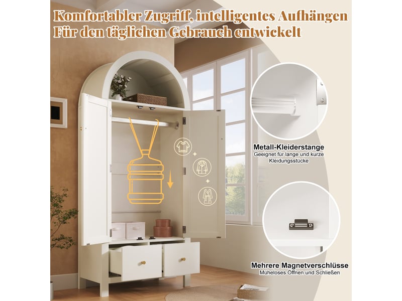 Armoire 181x78x45 cm - penderie 2 portes avec cannage rotin, 2 tiroirs, étagère ouverte, style campagne, blanc - Conforama R