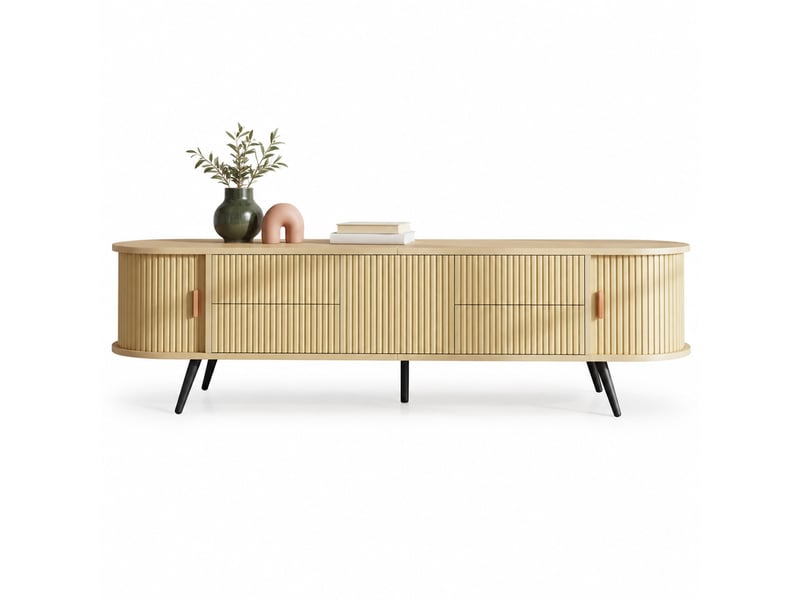  Meuble tv ovale avec 4 tiroirs et 1 porte coulissante, rainures verticales, pour salon, en mdf, bois naturel, 180 × 40 × 45 cm  - Conforama A