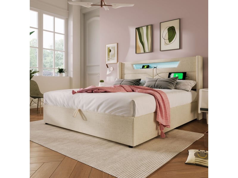  Lit coffre 160x200, rangement intégré lit double, ouverture hydraulique assistée, led multicolore, ports usb type c, revêtement lin, matelas inclus  - Conforama E