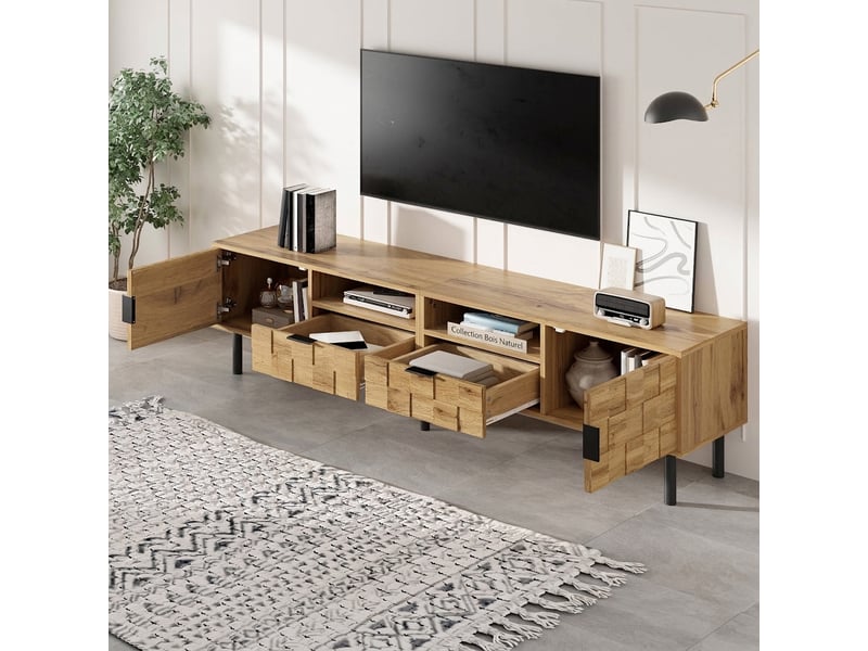  Meuble tv bois effet mosaïque 160 cm avec 2 portes, 2 tiroirs et pieds en métal  - Conforama D