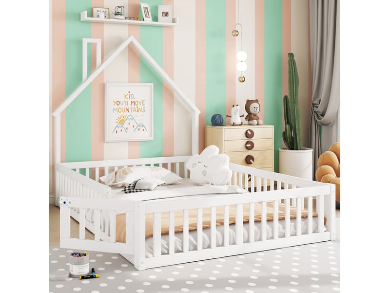  Lit enfant 140x190 cm forme cheminée avec sommier à lattes blanc  - Conforama E