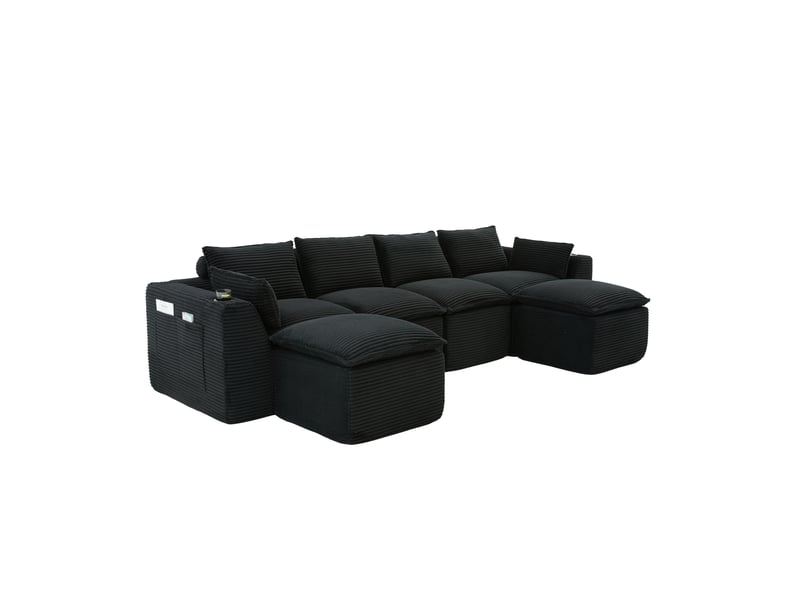Canapé modulable compression d'angle en u,322x161x75cm,velours côtelé,canapé 4 places avec 2 poufs,porte-gobelets,poches latérales,sans montage,noir - Conforama A
