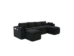 Canapé modulable compression d'angle en u,322x161x75cm,velours côtelé,canapé 4 places avec 2 poufs,porte-gobelets,poches latérales,sans montage,noir