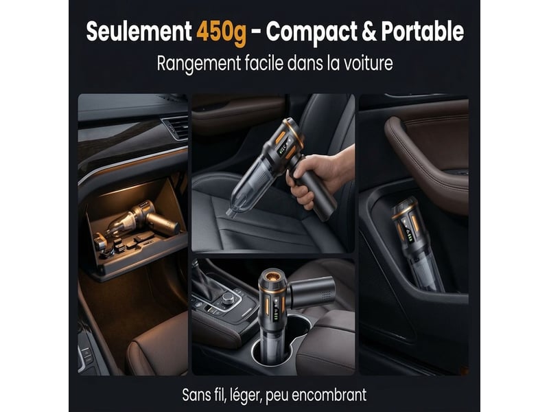  Mini aspirateur et souffleur sans fil 2 en 1 puissant 16000pa – dépoussiéreur électrique moteur brushless avec écran led et batterie rechargeable usb-c pour voiture et pc – noir  - Conforama C