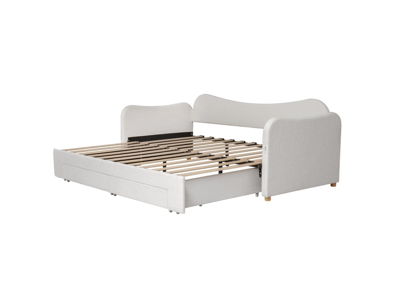  Lit banquette gigogne 90x200 cm extensible à 180 cm en bouclé beige avec 2 tiroirs et usb  - Conforama E