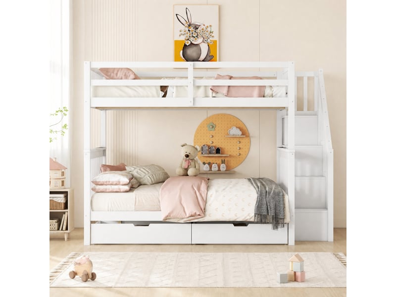  Lit superposé enfant 140 x 200 cm blanc avec escalier de rangement et 2 tiroirs  - Conforama D
