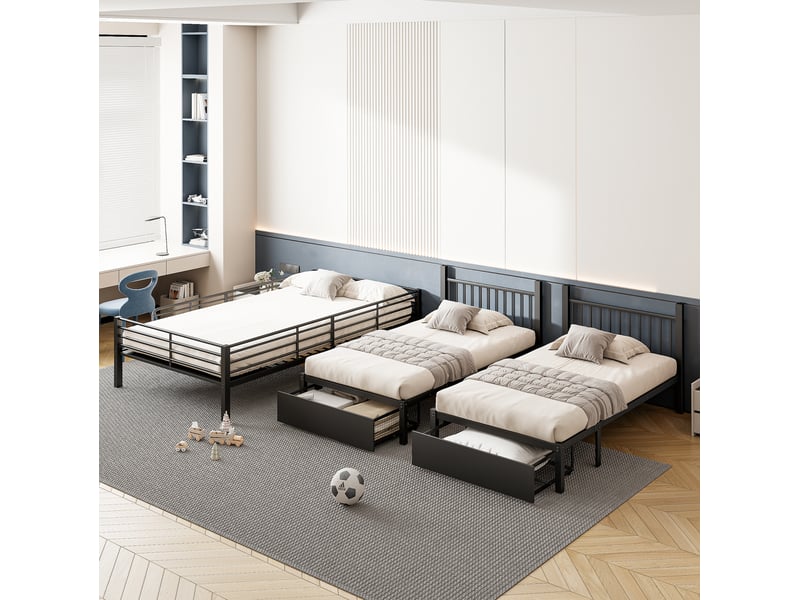 Lit superposé enfant 140x200 cm – noir – 3 couchages séparables, 2 tiroirs de rangement – sans matelas - Conforama B