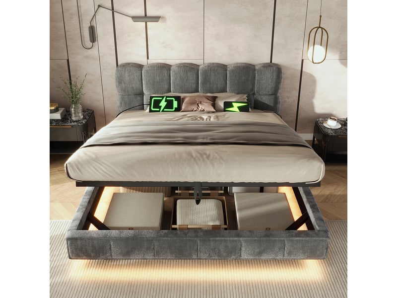 Lit coffre bubble en chenille gris 140x200 cm avec led, usb et type-c Fay Lum - Conforama B