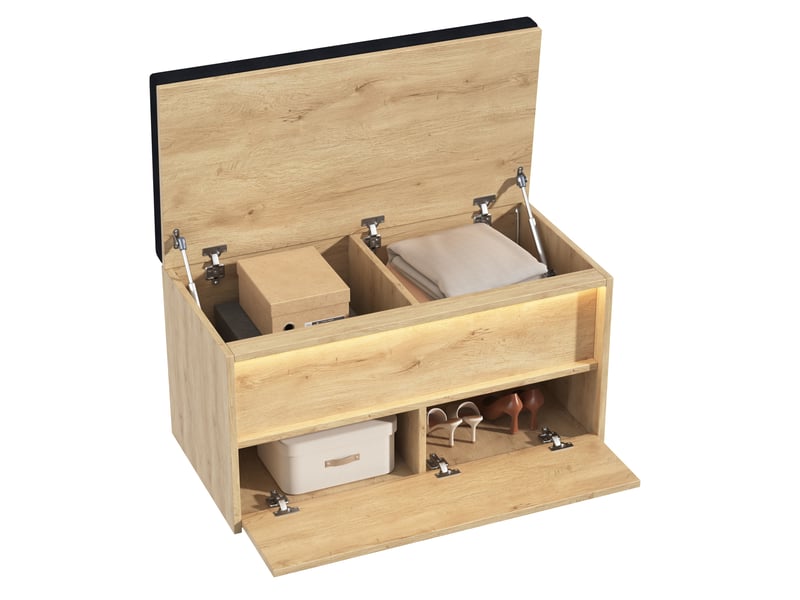  Vestiaire d'entrée modenvie avec armoire, miroir, banc rembourré et led 180 x 47 x 200 cm finition chêne clair anthracite  - Conforama E