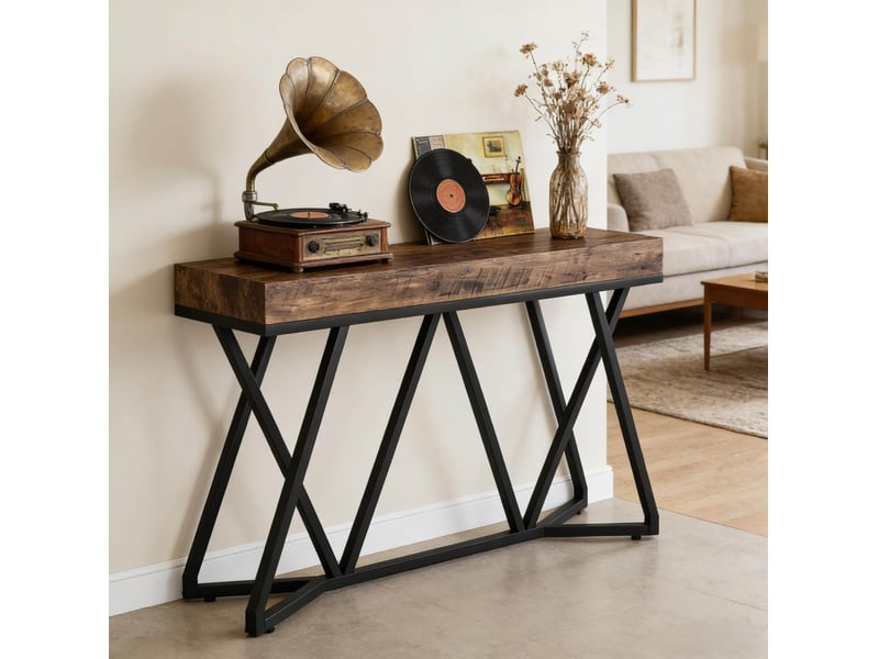  Table console 140x30x90.5 cm structure métallique mdf noir marron rustique  - Conforama C