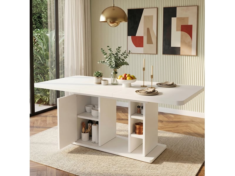  Table de salle à manger extensible pour 6 à 8 personnes avec rangement, plateau épais, en mdf blanc, style scandinave  - Conforama C