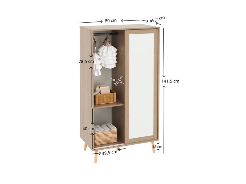  Armoire enfant à 2 portes coulissantes, naturel et blanc, 80 x 46 x 141,5 cm  - Conforama E