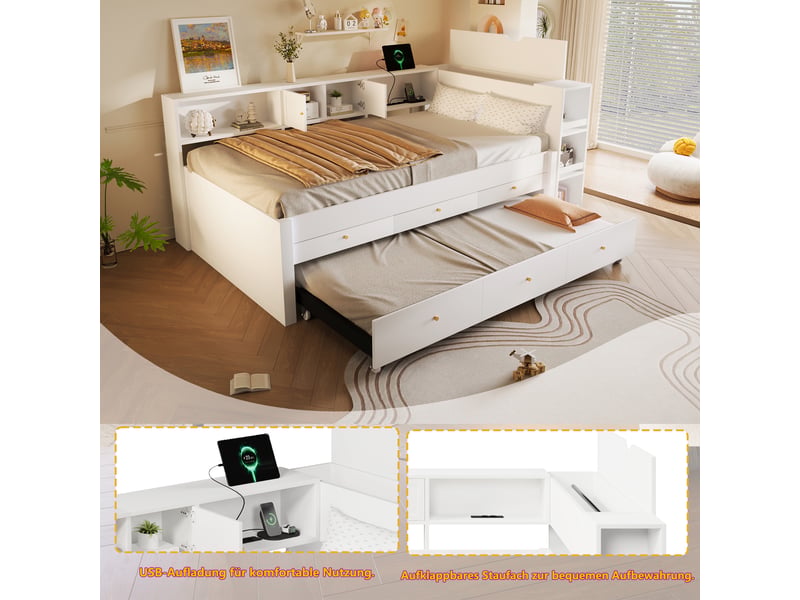  Lit enfant 140x200 cm avec lit gigogne 90x190 cm, 3 tiroirs de rangement, étagères et port usb, cadre bois blanc  - Conforama E