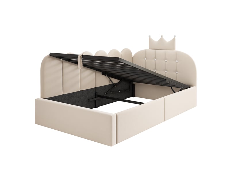  Lit coffre 90x190 cm avec sommier relevable hydraulique sans matelas beige  - Conforama D
