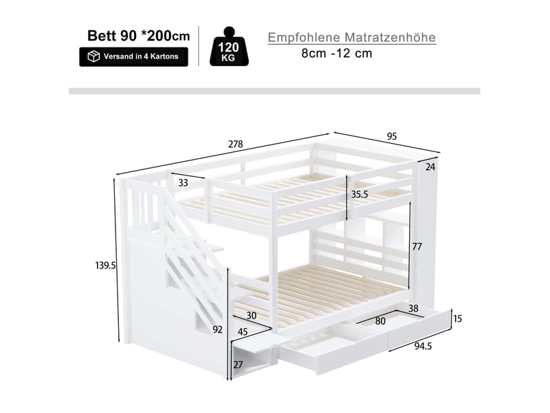  Lit superposé 90x200 cm avec escalier de rangement et 2 tiroirs  - Conforama E