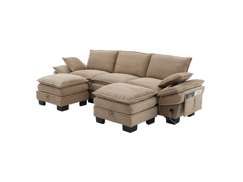  Canapé modulable 3 places en velours côtelé kaki avec 2 poufs et port usb-c  - Conforama A