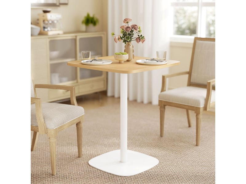 Petite table à manger carrée pour 2 personnes, piètement carré en acier, 60 x 60 x 75 cm, finition naturelle et blanche. - Conforama C