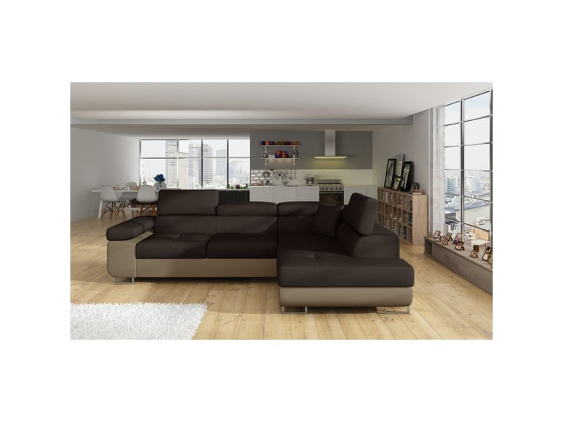  Canapé d'angle convertible menton marron chocolat et beige – angle droit avec coffre  - Conforama E