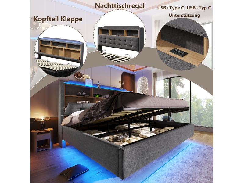  Lit capitonné 180 × 200 cm, gris, sans matelas, led, coffre hydraulique, usb type-c, lin  - Conforama D