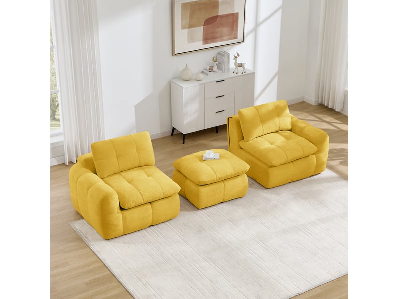  Canapé d’angle modulable 2 places 194x160x68cm, sans montage, design à carreaux, ottomane incluse, chenille, jaune  - Conforama D