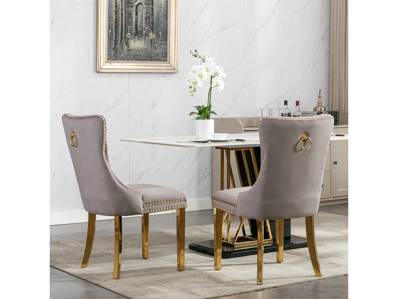  Lot de 2 chaises velours gris, pieds dorés et cloutage - design contemporain premium  - Conforama D