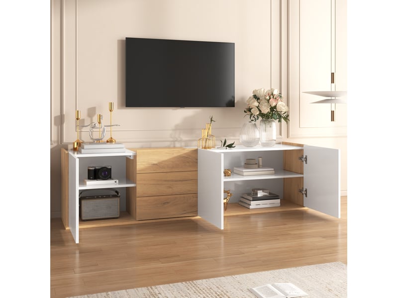 Meuble tv 3 portes, 3 tiroirs, étagères réglables, à poser ou mural, pour salon, blanc et bois, 171,5 × 35 × 47 cm - Conforama C