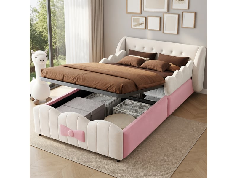  Lit d'enfant 90 x 200, rangement hydraulique, avec 2 grands coussins décoratifs, en velours, beige  - Conforama D