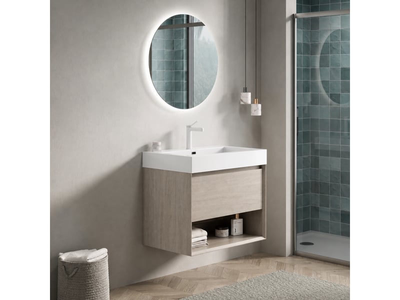  Meuble vasque suspendu 70 cm avec vasque rectangulaire blanche intégrée, finition chêne clair  - Conforama E