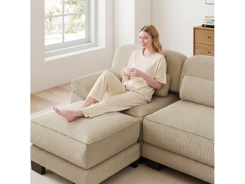 Canapé modulaire 2 places 194x161x94 cm, tendre, assise profonde, dossier, avec 2 poufs, en velours côtelé, beige - Conforama B