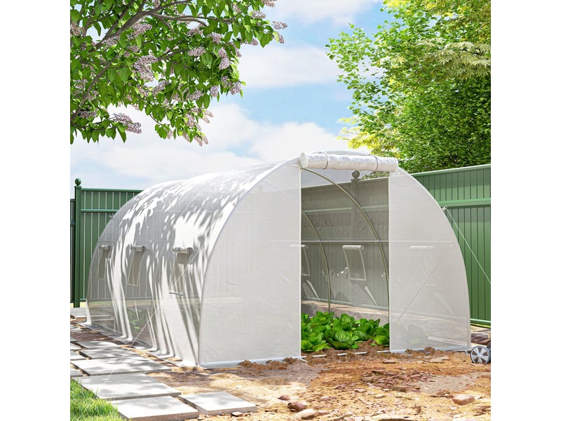  Serre de jardin tunnel 13,5 m² 6 fenêtres, porte zippée enroulable châssis acier galvanisé, bâche pe 4,5 x 3 x 2 m blanc  - Conforama D
