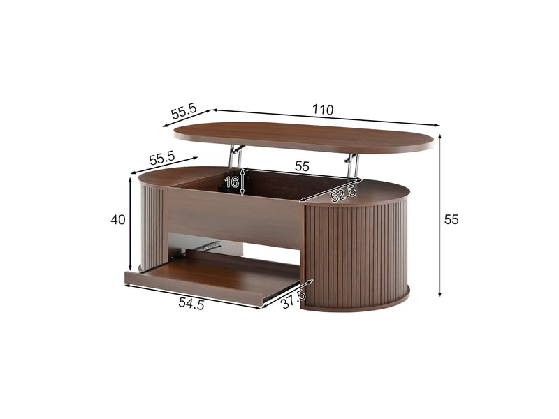  Table basse relevable, table de salon avec plateau relevable et étagère coulissante, style scandinave avec rangement caché 110x55.5x40cm, noyer  - Conforama E