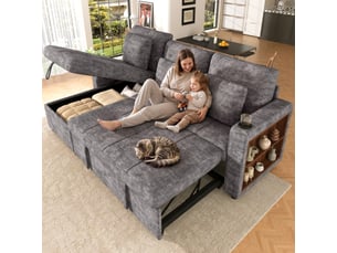 Canapé droit 3 places pliable, canapé lit convertible en chenille avec coffre de rangement, étagère accoudoir, porte-gobelets, canapé moderne