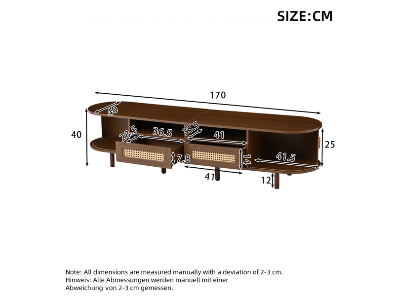  Meuble tv ovale meuble tele bas avec 2 tiroirs, 2 portes coulissantes, rangement mdf décor bois foncé, 170x40x40 cm  - Conforama C