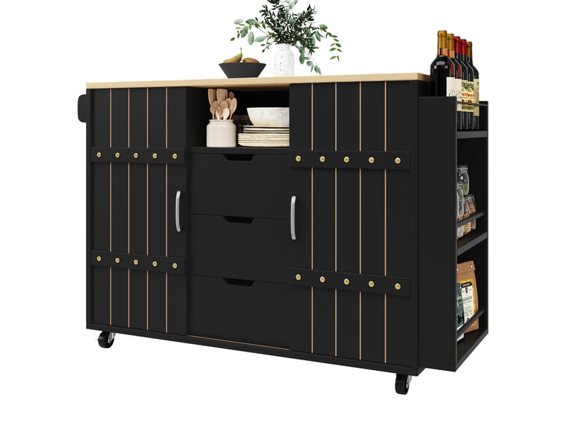 Îlot de cuisine 110x42x90 cm avec table rabattable 70 cm, 3 tiroirs, portes coulissantes et roulettes, mdf, noir - Conforama A