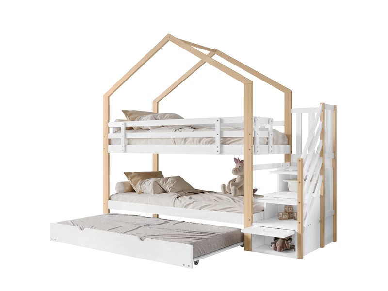 Lits superposés enfant avec lit gigongne, lit cabane 90x200 cm, tiroirs, sommiers, bois+mdf, blanc+naturel - Conforama A