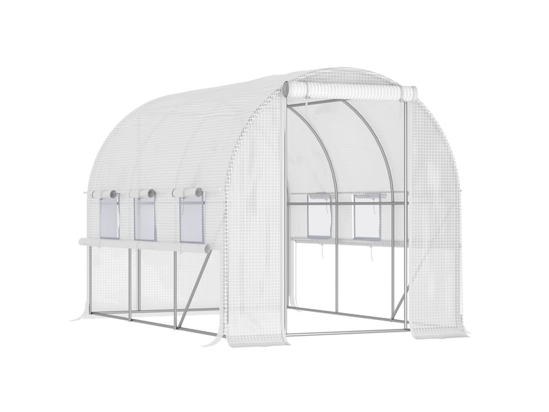 Serre tunnel de jardin 295x200x200 cm – blanche – 6 fenêtres enroulables avec moustiquaires et porte zippée - Conforama A