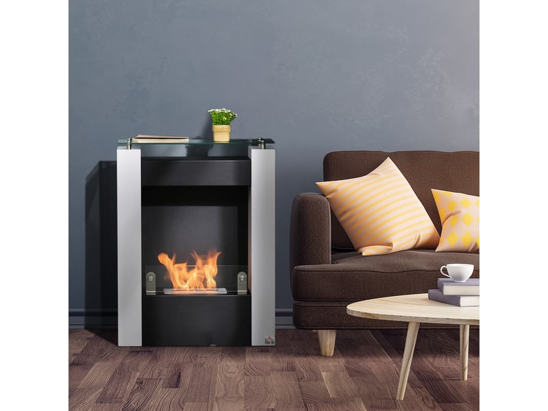 Cheminée à bioéthanol avec brûleur de 0,9 litre et étagère en verre trempé, 60 x 20 x 79 cm, acier, noir et blanc  - Conforama C