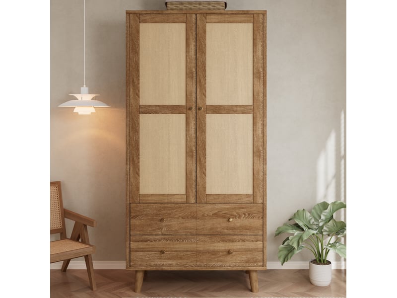  Armoire avec penderie, étagères et 2 tiroirs, façades effet rotin, pour chambre ou entrée, noyer, 80 × 50 × 180 cm  - Conforama B