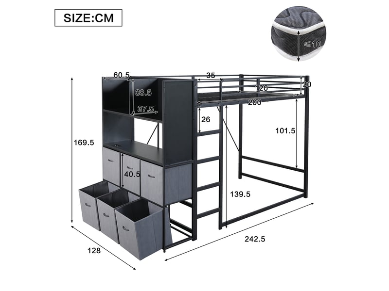 Lit mezzanine 120 × 200 cm 1 place avec étagères, tiroirs, éclairage et station de charge, sans matelas, noir gris  - Conforama D