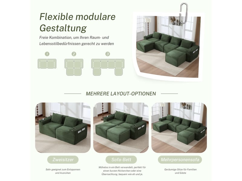 Canapé modulaire en velours - 4 places avec 2 poufs - velours côtelé vert - dimensions 330x162x75cm - Conforama C