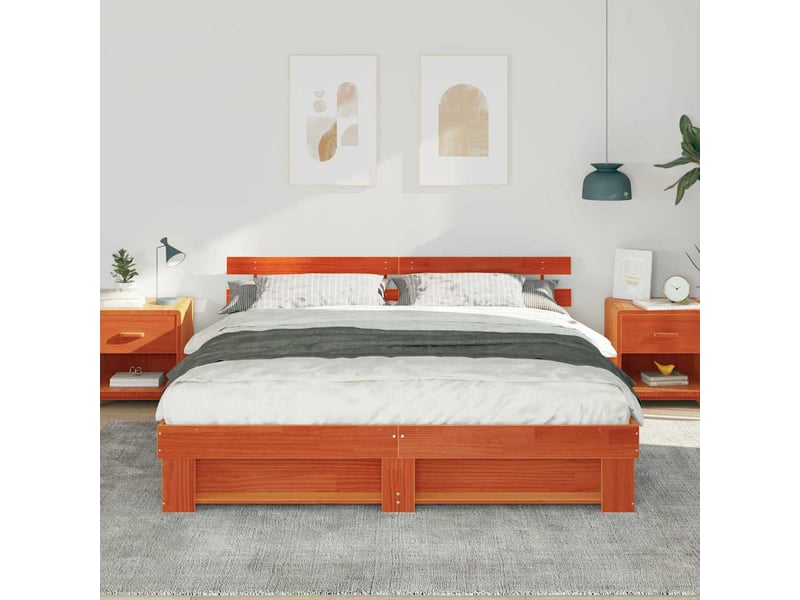 Lit double- lit adulte - cadre de lit avec tête de lit marron 200 x 200 cm pin massif - Conforama B