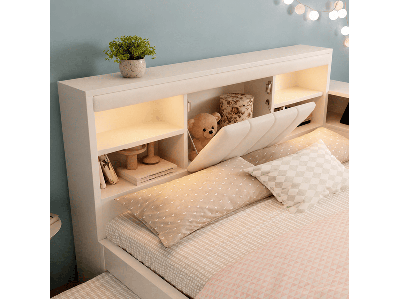Lit enfant multifonction 140x190cm avec lit gigogne, cadre en bois, liseuses, ports usb et tête de lit en pu, blanc - Conforama E