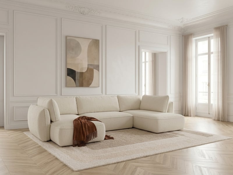 Bobochic canapé d'angle panoramique convertible esmee tissu chenille blanc angle gauche ESMEE - Conforama B