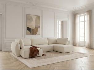 Canapé d'angle gauche convertible <strong>BOBOCHIC</strong> <strong>ESMEE</strong> 5 places Tissu blanc avec coffre de rangement