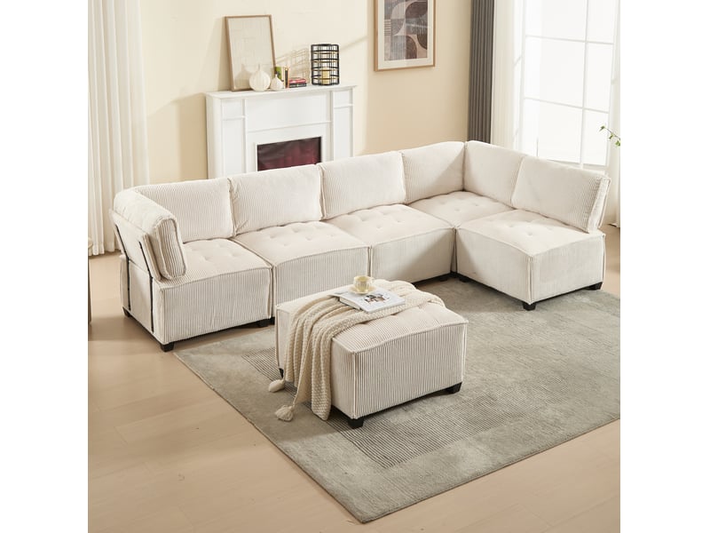  Canapé modulable modenvie 6 places en velours côtelé beige 308 x 154 x 82 cm  - Conforama B