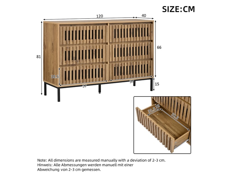  Commode avec 6 tiroirs à façades ajourées et 5 pieds pour salon, chambre ou entrée, mdf, naturel, 120 × 40 × 81 cm  - Conforama E