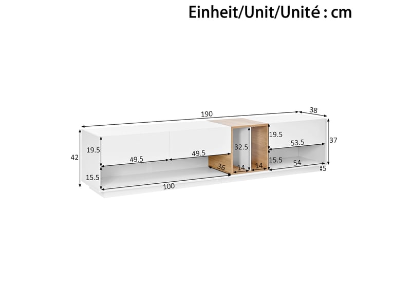  Meuble tv 190x38x42 cm, éclairage led piloté via application, 3 portes, rangement ouvert, en aggloméré blanc  - Conforama C